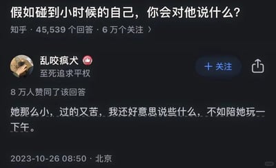 这是一张知乎问题的回答截图，问题为“假如碰到小时候的自己，你会对他说什么？”，该问题拥有45539个回答、6万个关注。用户“乱咬疯犬”发布的回答获得了8万人赞同，其个人简介为“至死追求平权”，回答内容为“她那么小，过的又苦，我还好意思说些什么，不如陪她玩一下午。”，没有给小时候的自己灌输大道理，而是选择用陪伴来回应过去那个过得辛苦的自己，充满了对曾经的自己的心疼与温柔，戳中了很多人的内心，引发了强烈的情感共鸣。该回答发布于2023年10月26日08:50，地点标注为北京，图片右下角带有小红书水印。