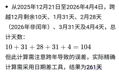 这张图片呈现了一段关于日期天数计算的内容，针对2025年12月21日至2026年4月4日的天数，首先采用拆分各月天数累加的手动计算方式：12月剩余10天、1月31天、2月28天（2026年为非闰年）、3月31天、4月4天，相加得到104天的结果。随后内容指出这种手动计算存在跨年导致的误差，强调实际精确计算需要使用专业的日期差工具，最终精确的天数结果为261天，以此提醒手动计算跨日期天数容易出现错误，需借助工具获取准确结果。