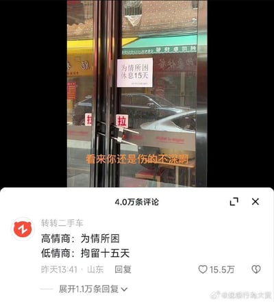 这是一张社交平台的截图内容，上半部分是一家店铺的玻璃门，门上贴着“为情所困 休息15天”的停业告示，还配有橙色文字“看来你还是伤的不深啊”；下半部分是评论区，用户“转转二手车”留下玩梗评论：“高情商：为情所困；低情商：拘留十五天”，该评论获得15.5万点赞。
玩梗点：用高情商和低情商的反差话术，将“休息15天”调侃成被拘留15天，用幽默的方式消解了“为情所困”的伤感，制造出反差笑点。