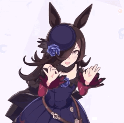 这是一张出自游戏及动画《赛马娘 Pretty Derby》的动态GIF图，图中的角色是米浴，她身着深蓝色带玫瑰装饰的礼服，戴着同色系的小礼帽，正开心地挥动双手舞动，表情活泼俏皮，整体画面充满可爱的氛围，没有双关或谐音梗等内容。