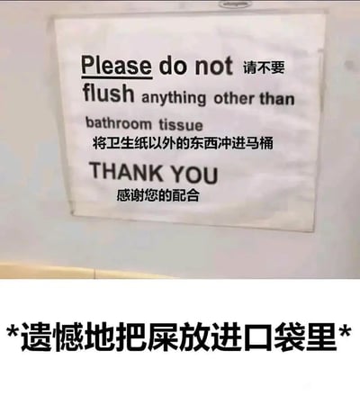 图片展示了一个卫生间的提示标识，内容为中英文对照的"请不要将卫生纸以外的东西冲进马桶"。图片下方添加了幽默文字"*遗憾地把屎放进口袋里*"，通过夸张的误解制造笑点，将"不要冲非卫生纸物品"曲解为需要将排泄物随身携带。