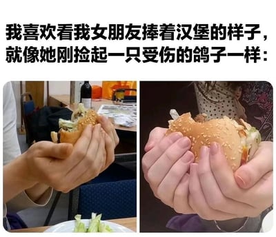 图片上方有文字'我喜欢看我女朋友捧着汉堡的样子，就像她刚捡起一只受伤的鸽子一样：'，下方是两张左右对比的图片。左侧图片中，一只手捧着一个汉堡，背景有桌子、酒瓶等物品；右侧图片中，另一只手以更轻柔的姿势捧着汉堡，手指微微弯曲，仿佛在小心呵护。通过对比两只手捧汉堡的姿势，幽默地将捧汉堡比作捡受伤的鸽子，突出动作的温柔感。