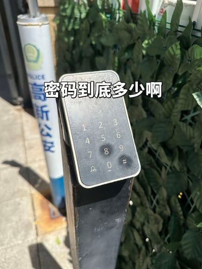 这张图片是户外实景拍摄的公共区域门禁密码锁，密码锁的触控按键区域中，数字8、数字9和#号键有非常明显的使用磨损留下的深色痕迹，其余按键则无明显使用痕迹，图片上方叠加了醒目的白色加粗文字「密码到底多少啊」，背景处可以看到印有「POLICE 高新公安」字样的警用隔离柱以及仿真绿植围栏，网友可通过按键磨损程度推测常用密码组合，属于带有互动性质的趣味实拍图。