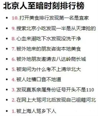 这是一张纯文字形式的排行榜图，标题为“北京人至暗时刻排行榜”，以从10到1的倒序形式，罗列了10个被调侃为北京人“至暗时刻”的场景：10.打开美食排行发现第一名是宜家；9.搜索北京小吃发现一半是从天津抢的；8.心血来潮吃下水发现没洗干净；7.被外地来的朋友咨询本地美食；6.被外地朋友邀请去八达岭爬长城；5.被询问为什么考不上清华北大；4.被人吐槽口音不地道；3.发现直系亲属身份证号开头不是110；2.在网上大骂河北后发现自己祖籍河北；1.被上海人骂乡下人。内容充满网络式幽默，用夸张、调侃的方式放大了地域相关的趣味梗和生活里的尴尬瞬间，引发地域相关的趣味讨论。