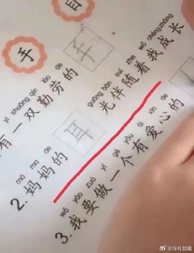 图片展示了一张小学生手写作文纸的局部特写，纸上有工整的汉字与拼音标注，内容围绕“妈妈的手”展开，出现“有一双勤劳的手”“光伴随着我成长”等童真语句。作文纸边缘有橙色圆形装饰图案，内写“手”等汉字。画面中可见一只手轻捏纸角，纸上有一条醒目的红色横线，疑似老师或家长的批改痕迹，整体呈现出温馨的教育场景与儿童纯真的表达风格。