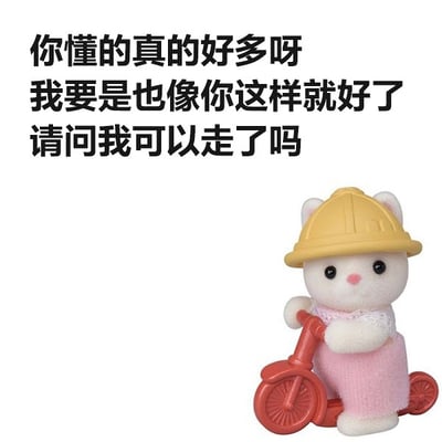 图片左上有大号黑体字写着：“你懂的真的好多呀 我要是也像你这样就好了 请问我可以走了吗”。右下角是一只可爱玩偶猫，戴着施工安全帽，穿着粉衣，骑着红色的三轮车。整体氛围透着一种“尴尬、无奈、想提前离场”的幽默，常用于在群聊、会议等场合自嘲或表示自己不懂、想早点结束。文字配合猫咪的神态，搞笑中带着社恐和佛系。没有明显双关或谐音，但有玩梗的意味。