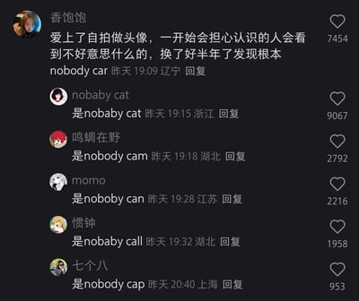 这是一张社交媒体平台的评论区截图，用户“香饱饱”分享了自己使用自拍做头像的心路历程，最后想表达“没人在意”却打错英文为“nobody car”。随后其他网友借此玩梗，用发音相近的不同英文拼写来“纠正”这条评论，比如“nobaby cat”“nobody cam”“nobody can”等，每条玩梗评论都获得了不少点赞，形成了轻松搞笑的互动氛围，是典型的网络谐音梗玩梗场景。