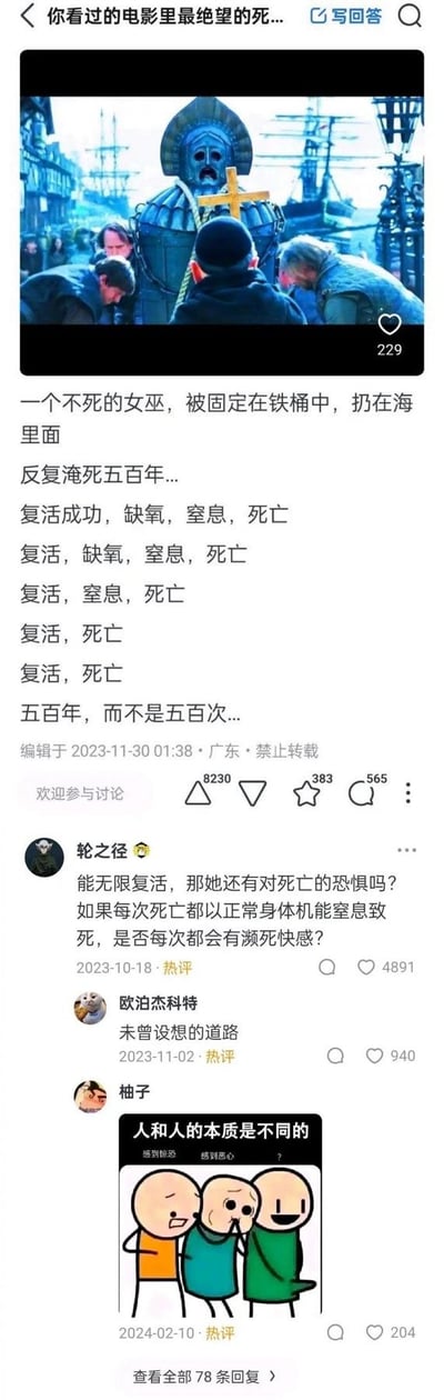 这是一张社交媒体截图，内容围绕一个电影场景展开讨论。图片上方是一张电影剧照，显示一个戴着十字架的宗教人物和周围的人群。下方是一段文字描述：一个不死的女巫被固定在铁桶中扔到海里，反复经历死亡与复活五百年，每次都因缺氧窒息而死。截图还包含其他用户的评论，讨论这种无限复活情况下对死亡的恐惧等哲学问题。
