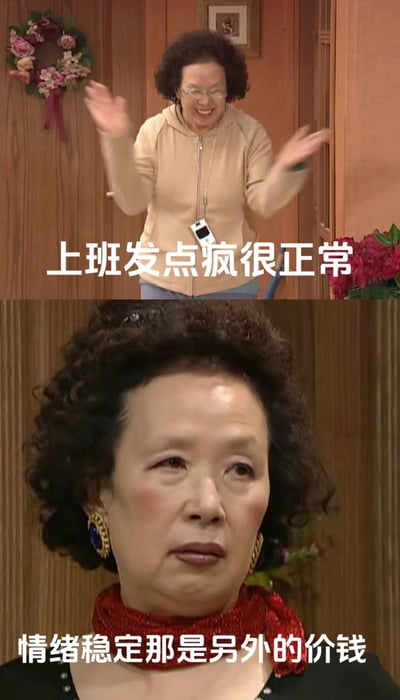 这是一张上下拼接的对比梗图，上图截取韩剧《无法阻挡的High Kick》中罗文姬女士兴奋挥手的画面，配文「上班发点疯很正常」；下图是罗文姬女士一脸疲惫、生无可恋的画面，配文「情绪稳定那是另外的价钱」。精准戳中当代打工人被工作消磨情绪，只能靠偶尔发疯来维持状态的「班味」现状，用幽默的方式吐槽职场中保持情绪稳定需要额外「付出」的无奈，引发众多打工人的强烈共鸣。
