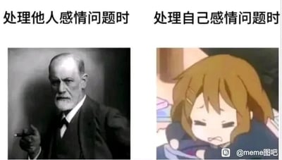 这是一张左右对比的梗图，左侧上方配文“处理他人感情问题时”，搭配的是著名心理学家西格蒙德·弗洛伊德的肖像，他手持雪茄，神态严肃沉稳，传递出专业、能从容剖析感情问题的气场；右侧上方配文“处理自己感情问题时”，搭配的是动画《轻音少女》中角色平泽唯的截图，她眉头紧皱，表情委屈崩溃，呈现出完全手足无措的状态。这张图通过强烈的形象反差，精准调侃了许多人在面对他人感情困境时能理智分析、给出建议，可当自己遭遇感情问题时却陷入混乱、无法自拔的双标状态，十分贴近大众的真实心理。