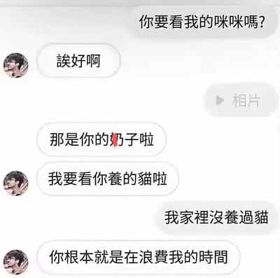 这是一张聊天记录截图，展示了一段因词语歧义引发的搞笑对话。对话中，一方发送“你要看我的咪咪嗎?”并附带一张照片，另一方回复“诶好啊”后，发送方调侃“那是你的奶子啦”，接收方则澄清“我要看你养的猫啦”，最终发送方以“我家里没养过猫”结束对话。图中“咪咪”一词存在双关含义，既可以指女性胸部，也可作为对猫的亲昵称呼，这种语言歧义构成了笑点。