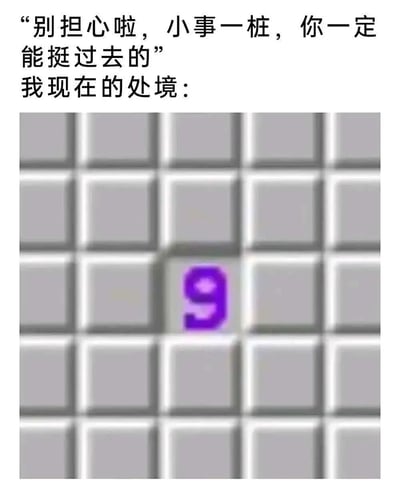 一张幽默对比梗图，上方文字为他人安慰的话语“别担心啦，小事一桩，你一定能挺过去的”，下方则是“我现在的处境：”并配上扫雷游戏截图。截图中显示一个紫色的数字“9”，而在正常扫雷游戏中数字最大为8（表示周围8个格子均为地雷），这里的“9”是不可能出现的情况，通过这种游戏中的“绝境”来夸张表现自己实际面临的困难远超他人想象，形成强烈反差萌。