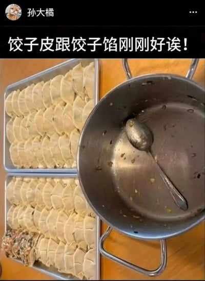 图片展示了一个有趣的烹饪场景，上方文字写着“饺子皮跟饺子馅刚刚好诶！”，但实际画面中左侧有两个托盘装满了饺子皮，而右侧的锅中却几乎没有馅料了，只剩下一个勺子和锅底的少量残留物。这种文字与实际情况的反差产生了幽默效果，暗示饺子皮远远多于馅料，所谓的“刚刚好”其实是一种调侃或误判。