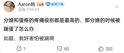 这是一张网络社区的用户评论截图，发布者昵称为Aaron姚，账号等级为Lv.4，附带“智商下降”的平台用户标签，回复发布时间为9月29日。该用户发布了一段脑洞大开的搞笑提问：称分娩和睾丸受创的疼痛等级都属于最高级别，好奇如果在分娩的时候被踹到睾丸该怎么办，还补充表示自己很害怕遭遇这种情况。该条评论下方显示有1次转发、60条回复、202个点赞，内容荒诞脱离现实，属于网友的搞笑整活提问，用来制造笑点。
