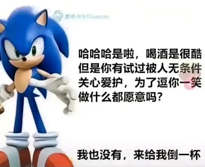 这是一张图文混排的网络梗图，左侧是世嘉经典游戏《刺猬索尼克》的主角索尼克，它表情略带无奈，一只手做出类似摊开的动作，仿佛在诉说自己的失落。图中文字采用了先扬后抑的反转手法：先是以调侃的语气提及“喝酒很酷”，随后抛出一个关于被人无条件关爱是否体验过的问题，紧接着话锋一转，以“我也没有，来给我倒一杯”的自嘲收尾，精准戳中了当代许多人渴望真挚关爱却求而不得，只能借酒消解情绪的心情，用搞笑又扎心的方式引发共鸣。