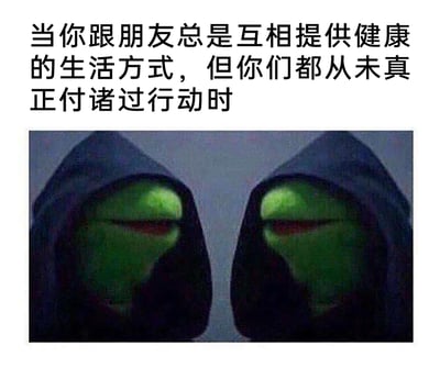 这是一张充满共鸣感的搞笑梗图，采用图文混排的形式呈现。上方的文字精准描述了一种常见的朋友间日常：彼此互相分享、安利各种健康的生活方式，比如规律作息、运动健身、健康饮食等，但双方都从未真正将这些建议付诸行动。下方的视觉部分是两个被P上黑色兜帽的科米蛙，它们面对面对视，眼神心虚又带着心照不宣的默契，生动地刻画出和朋友之间这种“嘴上积极养生，实则原地躺平”的微妙状态，戳中了很多年轻人在健康生活上“光说不做”的痛点，用幽默的方式展现了这种真实又好笑的社交日常。