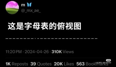 这是一张社交媒体帖子截图，显示用户@_mx_ae_发布的内容。帖子中央用白色大字写着“这是字母表的俯视图”，下方有一条虚线。底部显示发布时间为2024年4月26日晚上11:20，获得31万次浏览、1千次转发、39次引用、2万次点赞和563次收藏。右下角有小红书平台的水印标识。
该图片通过荒诞的文字游戏制造笑点：将一条普通虚线称为“字母表的俯视图”，利用“俯视图”的视角概念与字母表的抽象形态进行无厘头关联，属于冷笑话类型的幽默表达。