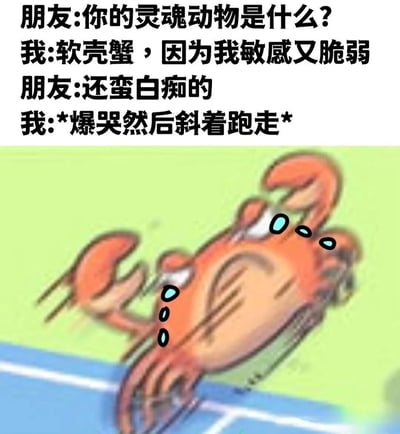 这是一张搞笑对话梗图，上方是朋友和我的对话内容，朋友问我的灵魂动物是什么，我回答是软壳蟹，因为自己敏感又脆弱，朋友却说"还蛮白痴的"，我则回应"*爆哭然后斜着跑走*"。下方是一只卡通螃蟹，它表情悲伤，正斜着快速奔跑，形象地表现了对话中"爆哭然后斜着跑走"的场景。