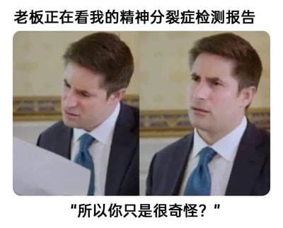 这是一张用于职场吐槽的左右拼接梗图，上方配文“老板正在看我的精神分裂症检测报告”，下方配文老板的台词“所以你只是很奇怪？”。左侧画面中，穿着西装的男性扮演老板，低头看着手中的纸张，表情带着疑惑审视；右侧画面中该男性抬头，眉头紧皱，满脸不解。整个梗图的笑点在于制造了强烈反差：原本预设是严重的精神分裂症检测结果，最后却得出“只是很奇怪”的结论，用老板的疑惑反应来调侃那些被误认为是病症的怪异个人行为，以职场场景为载体，用幽默的方式消解了对精神病症的严肃认知，同时吐槽了职场中对个人怪异行为的误解，容易引发有类似经历网友的共鸣。