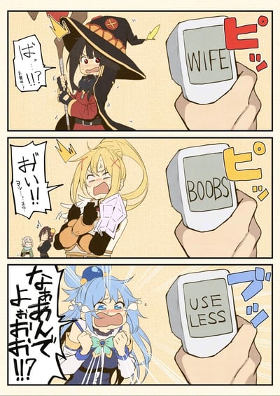 这是一张三格连环漫画，每格中都有一个动漫风格的女性角色和一只手持设备。第一格中，戴黑色巫师帽、穿红色衣服的黑头发女孩看到设备上的"WIFE"字样，表情惊讶，旁边有日文感叹词。第二格中，金发马尾女孩看到设备上的"BOOBS"字样，双手抱胸，表情震惊。第三格中，蓝发女孩看到设备上的"USELESS"字样，双手握拳，表情愤怒。每个角色都有夸张的表情和动作，展现出对设备显示内容的强烈反应。