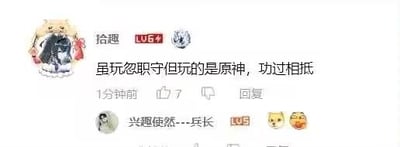 这是一张社交媒体评论区的截图，用户「拾趣」（LV64）发布评论：「虽玩忽职守但玩的是原神，功过相抵」，以热门游戏《原神》为梗，调侃将工作中的玩忽职守行为用玩游戏来抵消，制造出荒诞搞笑的反差效果。下方用户「兴趣使然----兵长」（LV5）回复了两个表情，进一步烘托出调侃的氛围。