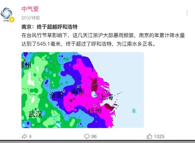 这是一则气象科普账号「中气爱」发布的社交媒体动态截图，内容围绕台风竹节草带来的降雨展开：受台风影响，江浙沪地区近期暴雨频发，南京的年累计降水量达到545.1毫米，终于超过了北方城市呼和浩特，配文用「为江南水乡正名」的趣味说法玩梗。动态下方附带一张气象降雨分布图，图中南京、上海、杭州、宁波等区域被深紫、洋红、深红等代表强降雨的色块覆盖，武汉、合肥等地则是代表降雨较弱的绿、浅蓝色块。截图底部显示该动态的互动数据：转发4次、评论96条、点赞1025次。