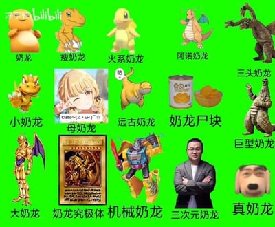 这是一张网友制作的玩梗拼贴图，将15个不同的ACG角色、网络梗图、真实人物、物品等元素，全部恶搞命名为「XX奶龙」，强行和热门IP「奶龙」绑定，制造无厘头的搞笑效果。

梗点说明：
1. 「奶龙」原本是原创动画《奶龙》里的可爱黄色小龙，图中把所有沾边甚至不沾边的形象都套上「奶龙」后缀，比如把《数码宝贝》的亚古兽叫「瘦奶龙」，《宝可梦》的快龙叫「阿诺奶龙」，黄桃罐头叫「奶龙尸块」；
2. 还加入了大量知名网络梗元素，比如《偶像荣耀》的长濑麻奈（母奶龙）、《游戏王》的太阳神翼神龙（奶龙究极体）、变形金刚角色（机械奶龙）、真实人物孙笑川（三次元奶龙）、Doge表情包（真奶龙），把不同圈子的梗融合在一起，笑点密集。