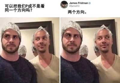 该梗图为左右对比结构，上方左侧是用户请求“可以把我们P成不是看同一个方向吗？”，右侧是Twitter用户James Fridman（@fjamie013）的回应“两个方向。”。下方两张图片中，两位戴着铝箔帽的男子均保持相同的看向左侧的姿势，P图前后几乎无变化，通过字面满足请求却未实际改变方向的方式制造幽默效果。
