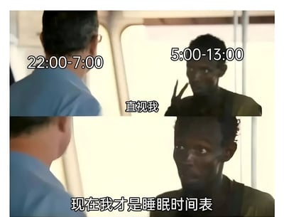 这是一张双 panel 拼接的影视截图梗图，上方左侧显示时间"22:00-7:00"，右侧显示时间"5:00-13:00"并有"直视我"文字；下方 panel 中右侧人物说出"现在我才是睡眠时间表"。通过两个不同时间段的对比和人物对话，幽默地表现了睡眠时间控制权的反转。