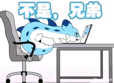 这是一张文字加注类的静态卡通图，画面主体是一只蓝白相间、带有深色斑点的原创卡通海洋生物，外形类似鲨鱼，它瘫坐在灰色办公转椅上，上半身趴在办公桌边缘，眼睛瞪大紧紧盯着桌上的笔记本电脑屏幕，表情看起来十分惊讶、不敢置信。画面上方配有醒目的蓝色带白边文字“不是，兄弟”，传递出一种看到意外、离谱内容时的吐槽、震惊情绪，非常适合在日常社交聊天中，用来表达看到离谱信息、遇到意外状况时的反应。