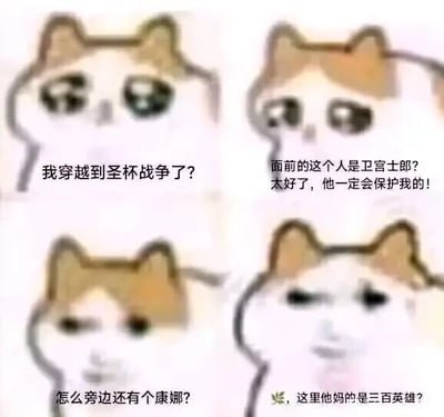 这是一张由网络悲伤猫表情包改编的四格连环文字加注图，通过猫咪表情的递进变化搭配文字，讲述了一个充满反差感的搞笑“穿越”故事：第一格中猫咪露出疑惑的表情，配文表达自己以为穿越到《Fate》系列的核心设定“圣杯战争”世界的疑惑；第二格猫咪转为惊喜，因为看到了《Fate》系列中以保护他人为信念的卫宫士郎，认为自己会被保护；第三格猫咪再次露出疑惑，因为看到了出自《小林家的龙女仆》的康娜，这个角色本不该出现在圣杯战争的世界中；第四格猫咪露出无语嫌弃的表情，才反应过来自己并非在圣杯战争的世界，而是在收录了大量不同动漫角色的MOBA游戏《三百英雄》里。整个梗的笑点来源于这种“预期落空”的反差，以及《三百英雄》游戏角色乱入的特色设定。