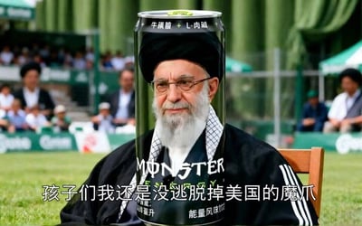 这是一张经过P图改编的讽刺梗图，将伊朗人物阿里·哈梅内伊的照片与美国Monster（中文译名“魔爪”）能量饮料的罐体合成，罐体套在人物头部位置。图下方配有字幕“孩子们我还是没逃脱掉美国的魔爪”，玩了一语双关的谐音梗：“魔爪”既指美国的影响力，又对应饮料品牌“Monster”的中文名称，以此制造讽刺搞笑的效果。