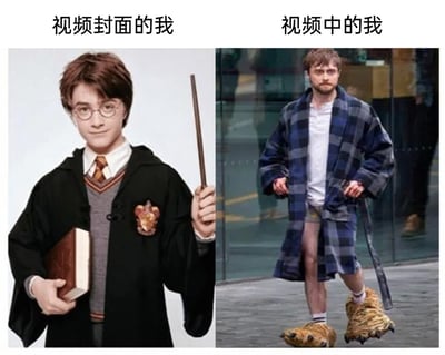 这是一张左右对比式的梗图，左侧上方标注“视频封面的我”，展示的是演员丹尼尔·雷德克里夫在《哈利·波特》系列电影中饰演的哈利·波特形象：他身着霍格沃茨魔法学校格兰芬多学院的黑色外袍，内搭灰色V领毛衣、白衬衫与学院领带，外袍上有格兰芬多的徽章，左手持魔杖，右手抱着一本厚书，表情温和端正，造型精致正式，是极具代表性的经典魔法少年形象；右侧上方标注“视频中的我”，展示的是丹尼尔·雷德克里夫本人的生活化随意造型：他穿着蓝黑格纹长款睡袍，内搭白色T恤，下身仅穿短裤，脚上踩着一双超大号的老虎造型毛绒拖鞋，睡袍带子随意垂在身侧，正大步行走，姿态放松接地气。两张图通过同一演员的两种极端反差形象，夸张地调侃了视频封面与实际内容不符的“封面党”现象，制造出强烈的幽默反差效果。