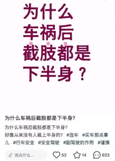 这是一张竖版的社交媒体帖子截图，整体为纯文字内容。顶部以大号深紫色字体醒目地提出核心疑问“为什么车祸后截肢都是下半身？”，下方重复了两遍该问题，并补充延伸疑问“好像从来没有人截上半身的？”，同时附带#选车 #买车那点事儿 #行车安全 #安全驾驶 #副驾驶的作用 #谨慎 多个话题标签，用于增加内容曝光度与话题关联度。帖子底部展示了互动数据：52次点赞、14次收藏、923条评论，还有供用户输入评论的输入框。该内容通过带有反差感的医疗相关疑问，引导用户关注行车安全、车祸后医疗情况等话题，引发讨论。