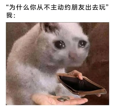 这是一张精准戳中当代年轻人没钱社交窘境的搞笑表情包，上方配文“为什么你从不主动约朋友出去玩”，下方以“我：”引出核心画面——一只眼含泪水、满脸委屈的猫，面前的手摊开着空空的钱包，手掌里仅剩下几枚硬币，用夸张又心酸的方式，表达了因为经济拮据、囊中羞涩，所以没有能力主动承担社交开销、约朋友出去玩的心情，充满共鸣感和搞笑氛围。