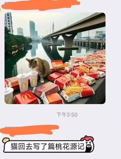 一只猫蹲坐在大量麦当劳食品中，周围散落着红色包装的汉堡盒、薯条盒和带吸管的饮料杯。背景是城市河景，有一座横跨河面的桥梁和远处的高楼大厦。图片底部配有文字“猫回去写了篇桃花源记”，将猫咪发现大量食物的场景幽默比作发现世外桃源。