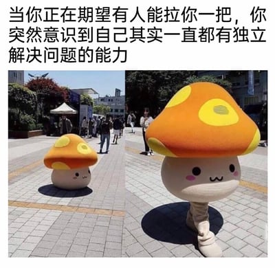 这是一张左右对比的图文梗图，左侧是一个看起来没有腿、蹲在地面的软萌蘑菇人偶，仿佛正处于困境中等待他人的帮助；右侧则是这个人偶露出了藏在蘑菇头下的腿，正迈开步伐独自前行。图上方配有文字“当你正在期望有人能拉你一把，你突然意识到自己其实一直都有独立解决问题的能力”，通过蘑菇人偶前后的状态变化，生动形象地诠释了从依赖他人的心态，转变为发现自身具备独立解决问题能力的自我觉醒过程，传递出依靠自己、自我成长的积极治愈情绪。背景是户外的广场，还有不少路人，能看出是线下活动的现场场景。