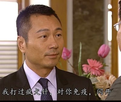 图片截自一部国产电视剧，画面中一名穿着西装的男子正在和另一个人对话。下方配有“我打过疯犬针，对你免疫，闪开”的字幕。这句话采用了双关和恶搞手法，将“疯犬针”与“对某人免疫”结合，暗指对方像“疯狗”，自己已经“免疫”了别人的攻击或无理行为，带有轻蔑和搞笑的意味。常见于网络对话中用来回应让人烦躁或者胡搅蛮缠的对手。

- 双关说明：将犬类用语和社交反击场景结合，委婉地骂人又自带幽默。