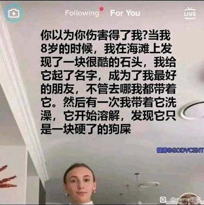 这是一张来自TikTok平台的短视频截图，画面顶部是TikTok标志性的“Following”“For You”“LIVE”界面导航栏，画面下方是一位表情平静、直视镜头的真人，画面中间配有大段中文自述文字：自述者称自己8岁时在海滩将一块硬化的狗屎误认成很酷的石头，给它起名并当作最好的朋友，走到哪都带在身边，直到某次带着它洗澡时，发现它开始溶解，才得知真相。这段经历被用来回应“你以为你伤害得了我？”，以此自嘲自己连这种离谱的事都经历过，内心早已“百毒不侵”，很难被外界伤害，用荒诞的童年经历制造出搞笑又扎心的自嘲效果。图片带有“微博@GODVCENT”和“@meme图吧”的水印，表明该内容被搬运到国内后，在微博、百度贴吧等社交平台进行了二次传播。