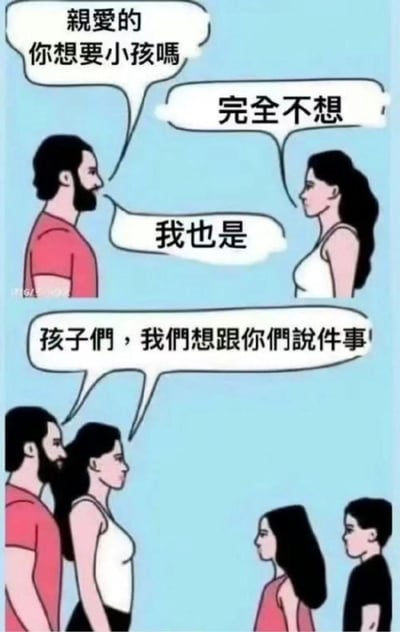 这是一张两格漫画风格的梗图，以幽默方式展现一对夫妻的矛盾。上格中，妻子问丈夫："亲爱的 你想要小孩吗"，丈夫回答"完全不想"，妻子回应"我也是"。下格则显示这对夫妻正对着两个孩子说："孩子们，我们想跟你们说件事"。

图片通过前后对比制造强烈反差和喜剧效果，讽刺了这对夫妻明明已经有孩子却讨论不想要孩子的矛盾情景。