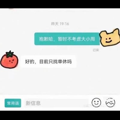 这是一张招聘类APP的聊天记录截图，展示了求职者与招聘方的职场沟通场景。求职者（黄色小熊头像）向招聘方明确表示暂时不考虑大小周的工作，招聘方（番茄头像）随后询问求职者是否仅寻找单休的工作，整个对话围绕职场求职中的休息制度展开，沟通氛围平和理性，不存在双关、谐音梗或暗示内容。