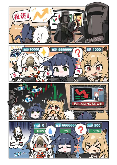 四格漫画描绘了投资的诱惑与风险：第一格中，头盔角色号召“投资!!”并展示上涨箭头，猫耳角色们纷纷关注；第二格，角色们分别投入10000、999999、1000资金，中间角色面露困惑；第三格，屏幕显示暴跌红色箭头和“BREAKING NEWS”，角色们震惊，金钱符号飘落；第四格，投资结果显示-100%、-??%、-50%，角色们崩溃、沮丧。通过夸张的表情和情节讽刺盲目投资的后果。
