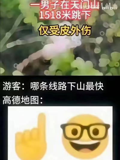 这是一张上下结构的搞笑梗图，上半部分是模糊的户外山崖背景，配文字说明“一男子在天门山1518米跳下 仅受皮外伤”，右上角带有bilibili水印；下半部分模拟对话场景，游客询问哪条线路下山最快，高德地图的回复是一张戴眼镜的小黄脸微笑着竖食指的表情，结合上半部分的新闻梗，暗指跳崖就是最快的下山路线，用夸张的反差感制造笑点。