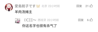 这是一张中文社交媒体平台的评论区截图，展示了两位用户的趣味互动。定位在北京、网名为“愛島館子です”的用户发布了评论“羊肉汤摊主”，该评论获得了21个点赞；随后定位在西班牙、网名为“(·CΞΞ～”的用户对其进行回复，内容为“你这名字也很有杀气了”，这条回复获得了6个点赞，是对第一位用户的网名进行调侃，认为其名字听起来带有威慑感，属于社区内的普通趣味互动。