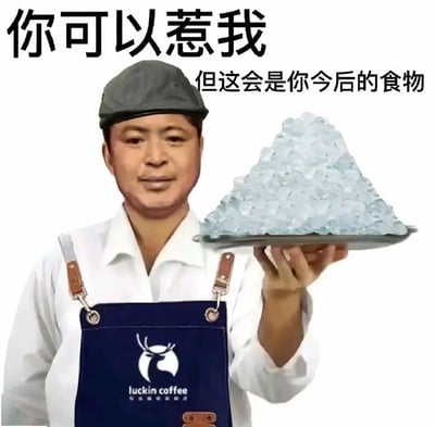 这是一张网友创作的搞笑P图，创作者将人物脸部替换后，让其身着瑞幸咖啡的围裙，手托着一盘堆满的碎冰，搭配文字“你可以惹我 但这会是你今后的食物”，玩了瑞幸咖啡饮品冰量充足的梗，以硬核警告的方式制造搞笑效果，暗示若惹到店员，就只能吃冰，呼应了大众对瑞幸咖啡冰量多的普遍印象，整体风格诙谐有趣。