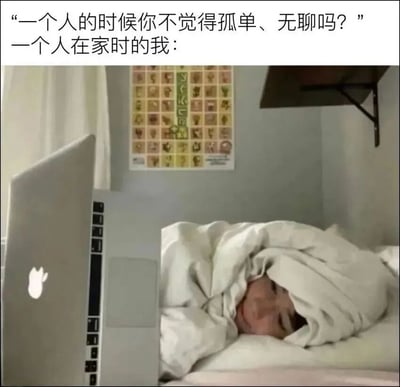 图片上方配有文字“一个人的时候你不觉得孤单、无聊吗？”和“一个人在家时的我：”，下方是一张真人照片：一个人躺在床上，全身被白色被子包裹，只露出部分脸，面前放着一台银色苹果笔记本电脑，似乎正专注于屏幕内容。整体通过文字与画面的对比，幽默地展现了独居者在家有电脑陪伴就不觉得孤单无聊的真实状态。