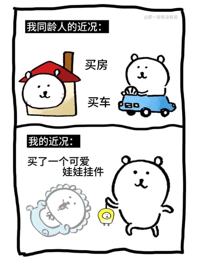 这是一张上下对比风格的卡通漫画，通过可爱的熊形象对比了同龄人与自己的生活状态差异。上半部分展示同龄人已经实现了买房、买车等人生重要目标，下半部分则幽默地表现自己只买了一个可爱的娃娃挂件，形成鲜明反差，用自嘲的方式表达了当代年轻人面对同龄人压力时的轻松心态。