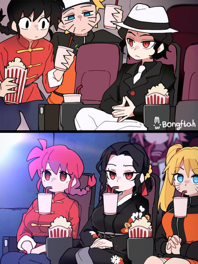 这是一幅上下分栏的原创同人漫画，上栏集合了《刺客伍六七》的伍六七、《火影忍者》的漩涡鸣人、《鬼灭之刃》的富冈义勇三位男性动漫角色，他们坐在电影院座位上，手持爆米花和饮料，表情各不相同；下栏则是对应的性转女性角色，同样身处电影院场景中喝着饮料，通过性别反转的方式，将不同作品的角色置于同一日常场景，打造出趣味十足的跨作品联动效果。