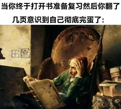 这是一张由古典油画改编而来的搞笑共鸣梗图，画面上方配有精准戳中当代学生党痛点的文字：“当你终于打开书准备复习然后你翻了几页意识到自己彻底完蛋了:”。图中主体是一位瘫坐在宽大老旧椅子上的男子，他身着绿色上衣，一只手拿着泛黄的书本，另一只手紧紧撑着额头，面部表情满是震惊、焦虑与绝望，仿佛正被眼前完全陌生的内容击溃。这幅图用古典油画的严肃厚重画风，生动还原了拖延到最后才开始复习的学生，翻开书却发现知识全未掌握、意识到考试大概率失利的崩溃瞬间，画风与场景的强烈反差让这份焦虑更具搞笑感，极易引发学生群体的共鸣。