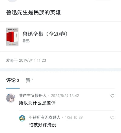 这是一张图书评论平台的截图，内容是一条针对《鲁迅全集（全20卷）》的特殊差评：评论标题为高度赞扬鲁迅的“鲁迅先生是民族的英雄”，却给出了差评，该评论发表于2019年3月11日。在评论区中，用户“共产主义接班人”于2024年8月29日疑惑提问“所以为什么是差评”，另一用户“不待所有无衣硕人”给出了幽默的回复“怕被好评淹没”，用反向的逻辑解释了给出差评的原因，形成了强烈的反差趣味，既体现了对鲁迅的认可，又用独特的方式让自己的评论不被海量好评淹没。